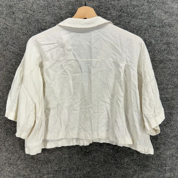 Zara Cropped Shirt Women S Small Beige Button Up Collared Short Sleeve Linen - Picture 2 of 7